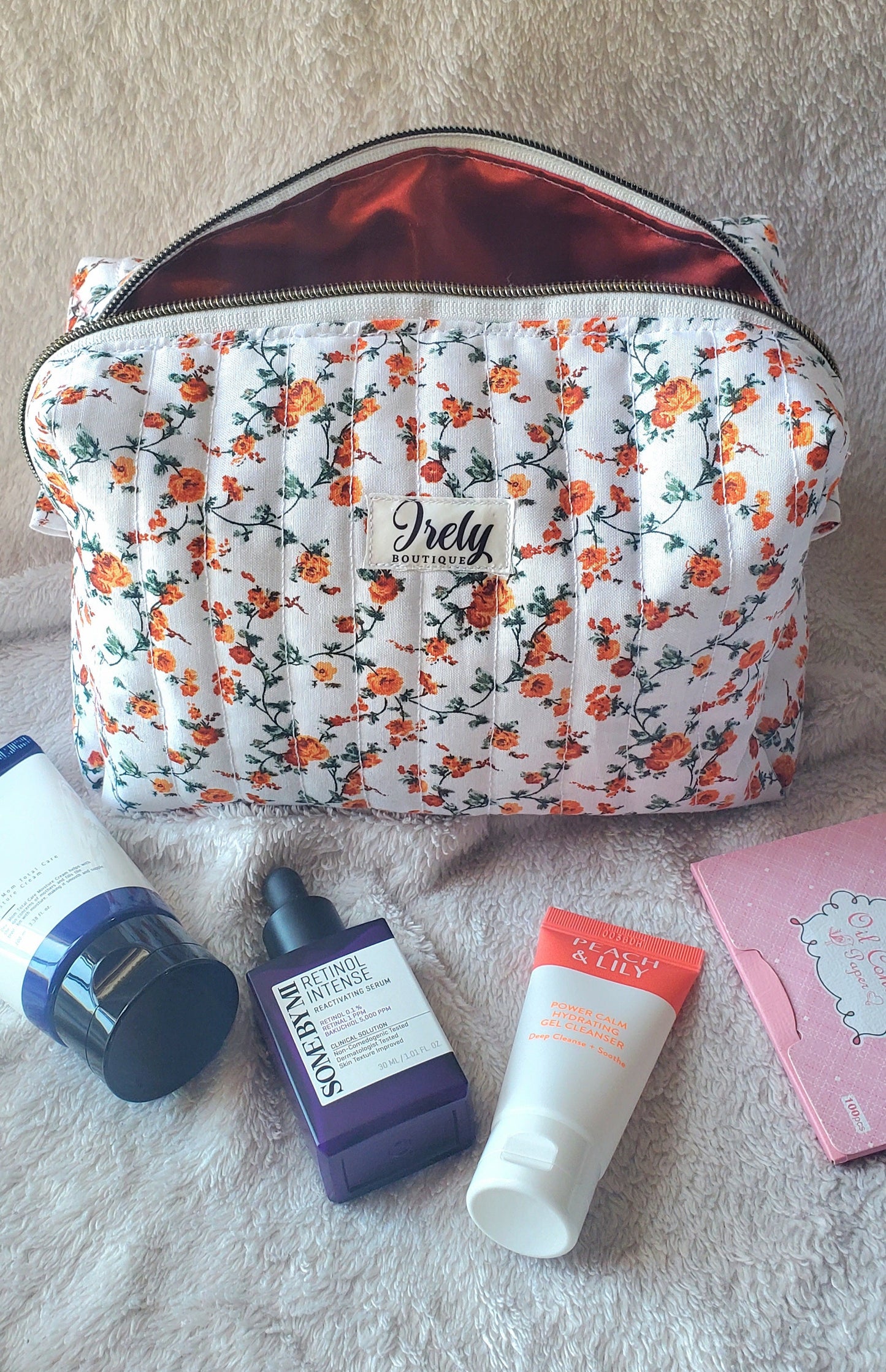 Orange Floral Cosmetic Bag