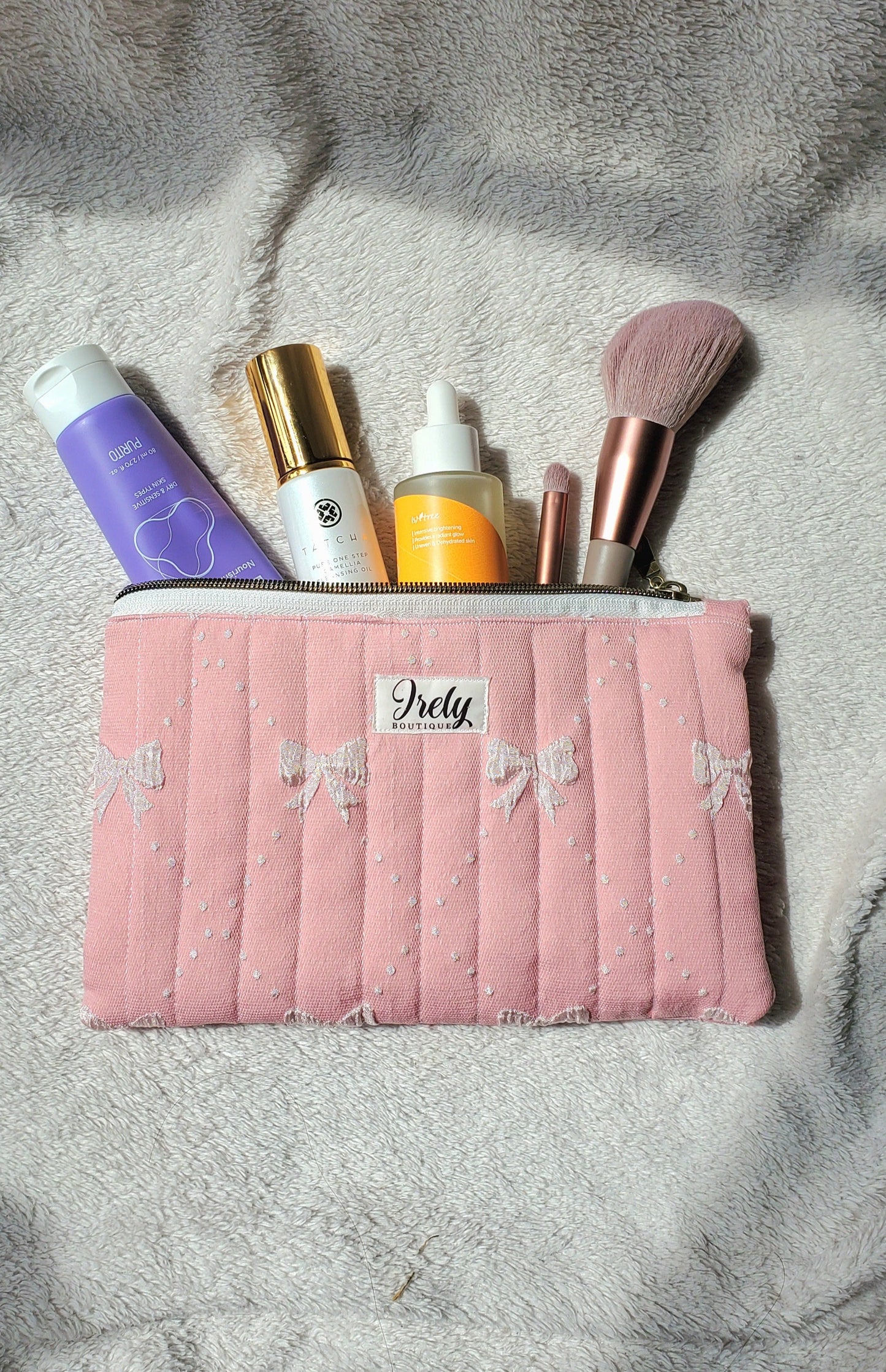 Pink Jacquard with White Bows Pouch