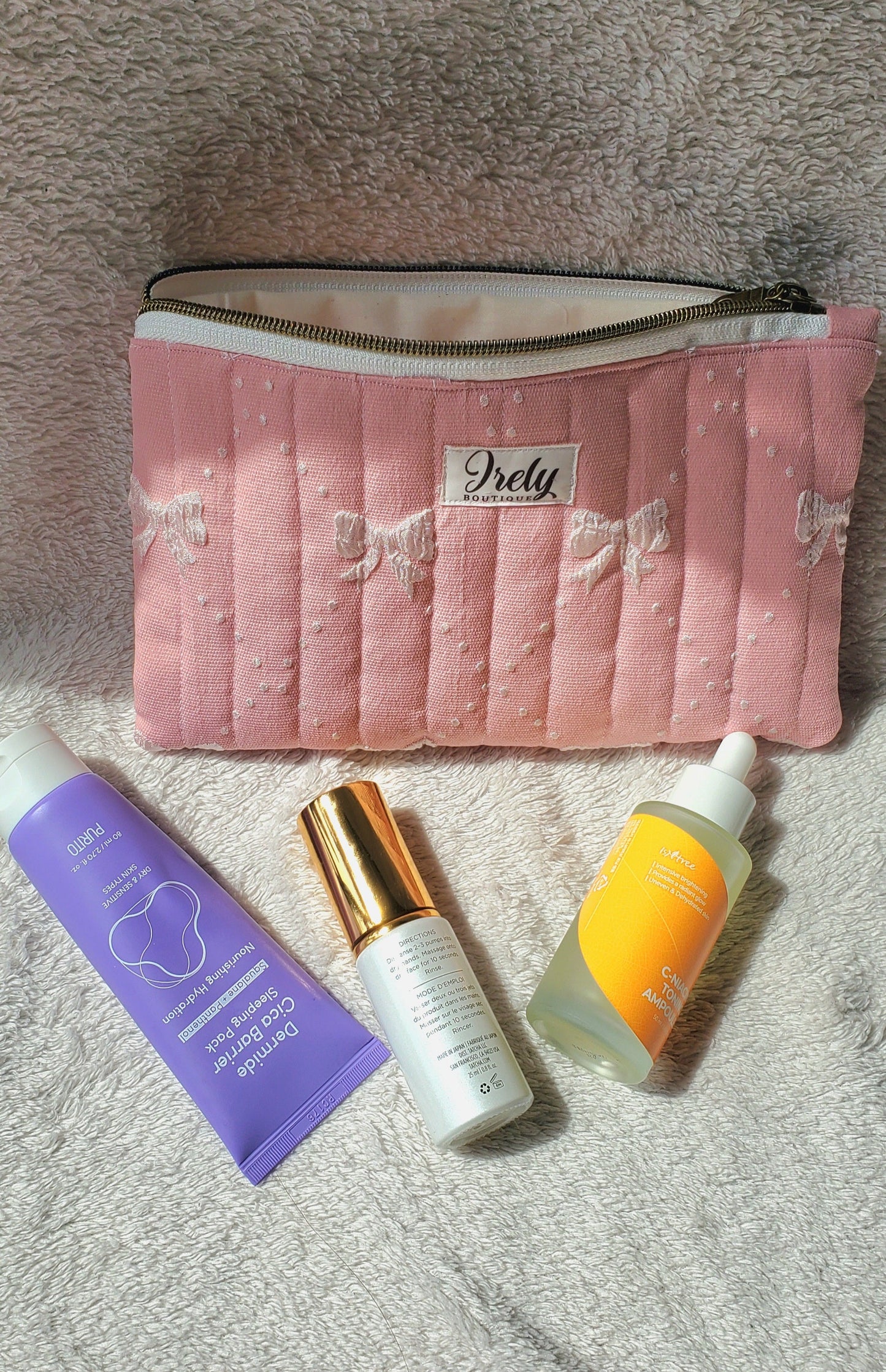 Pink Jacquard with White Bows Pouch
