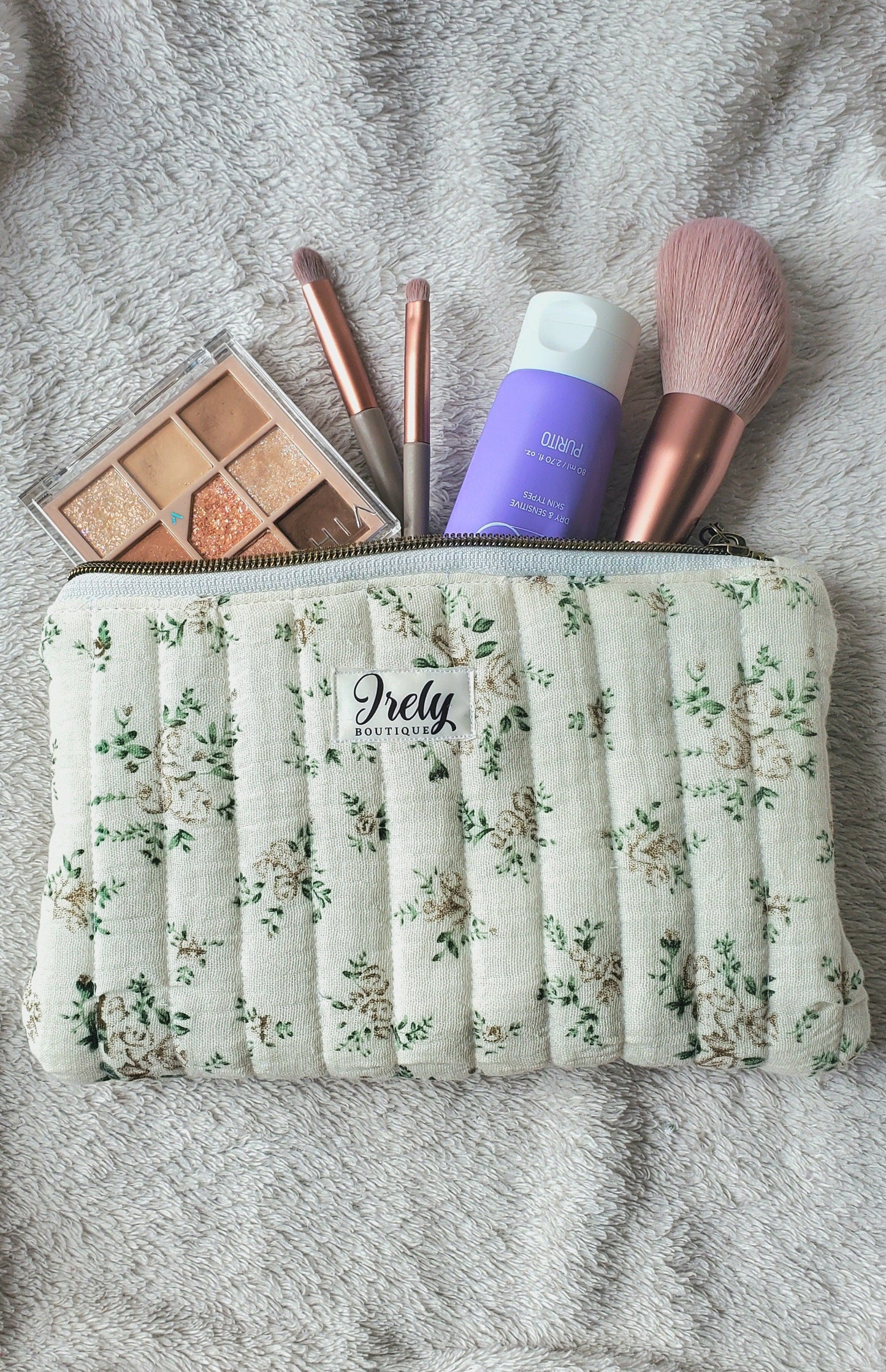 Green Floral on White Pouch