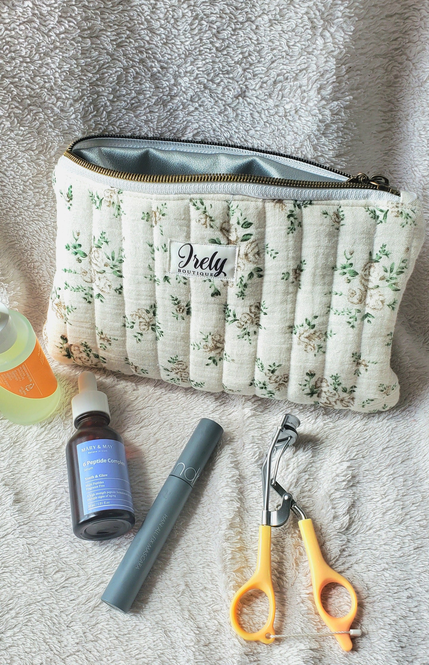 Green Floral on White Pouch