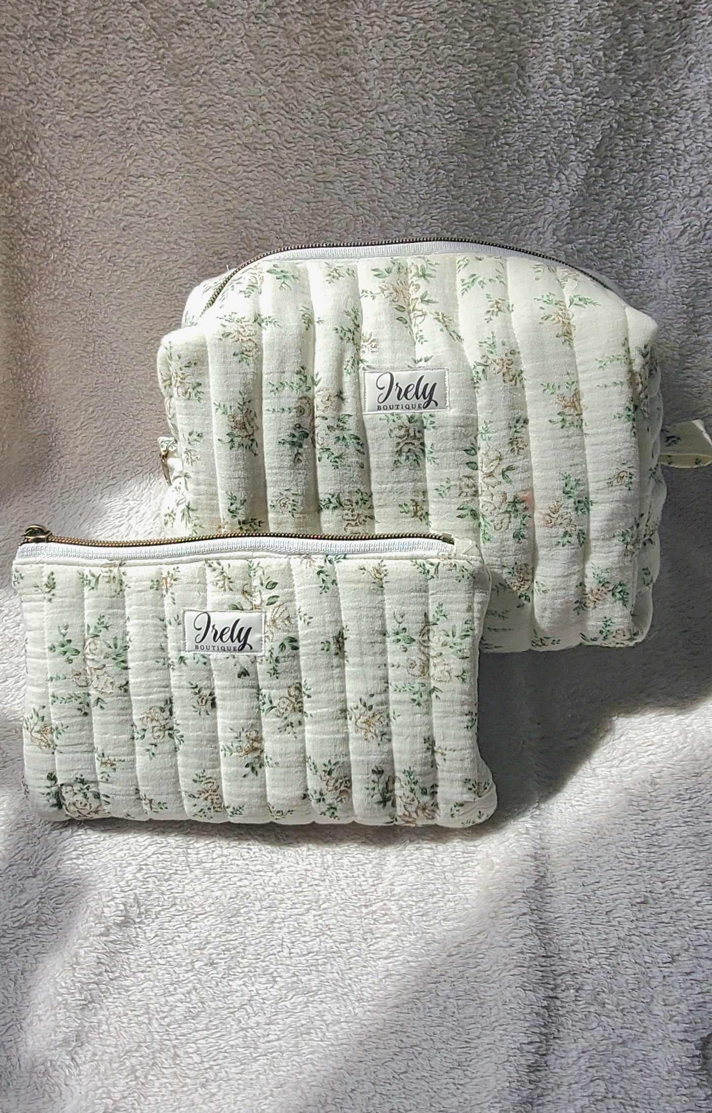 Green Floral on White Cosmetic Bag