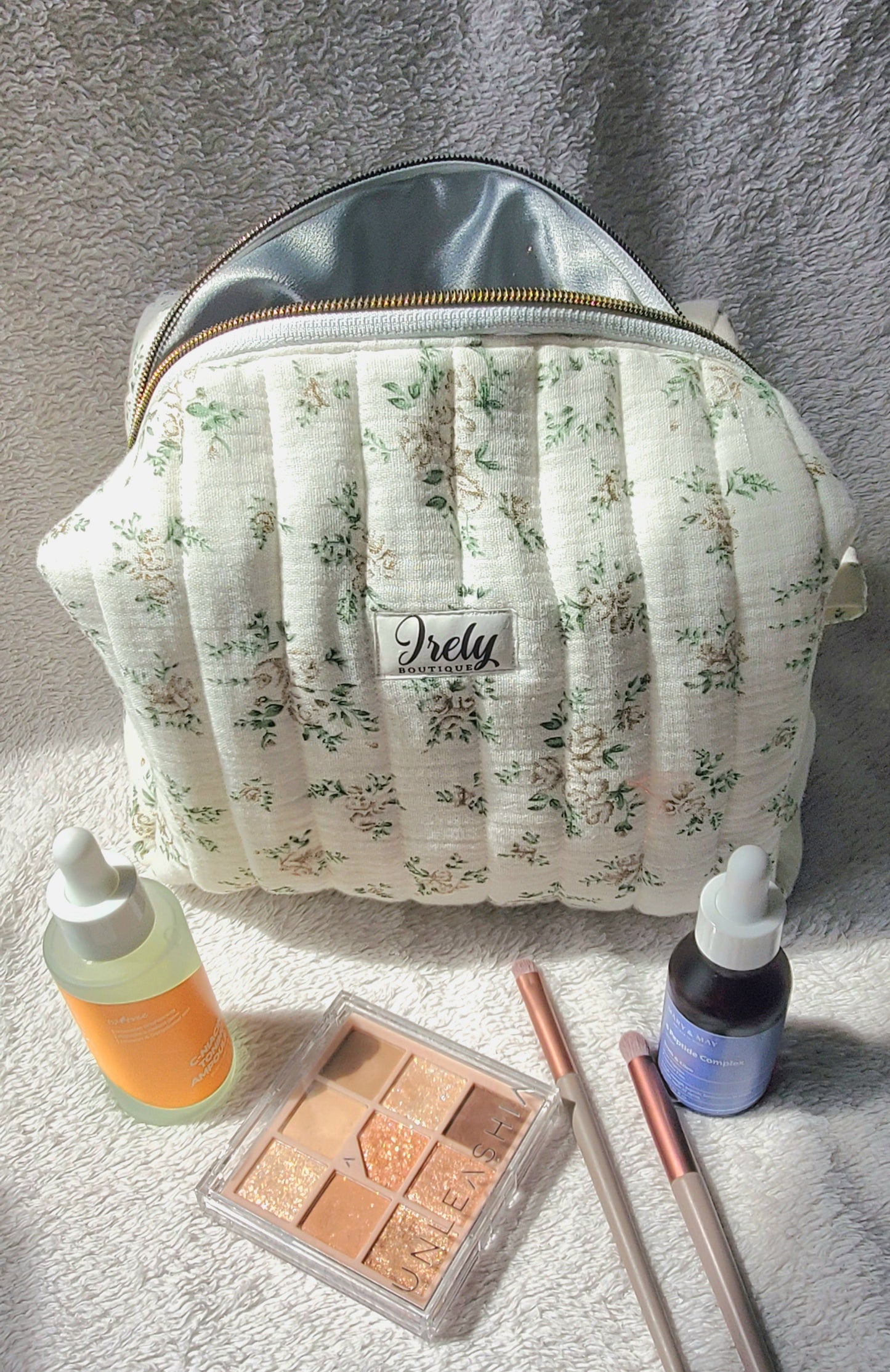 Green Floral on White Cosmetic Bag