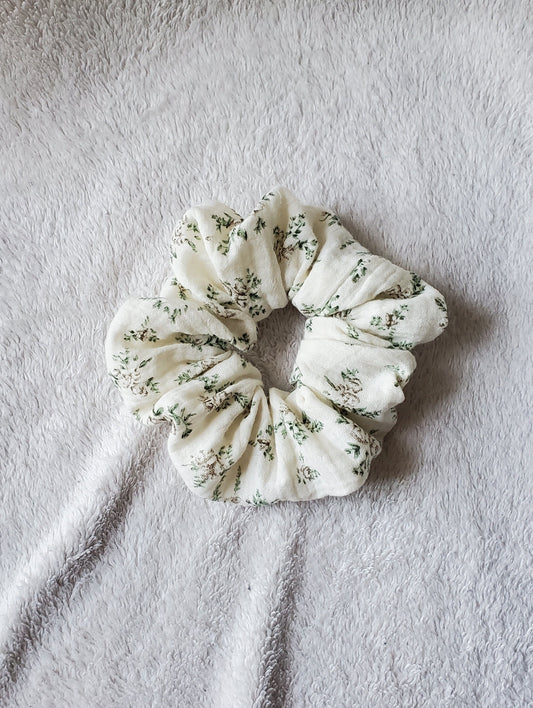 Cream with Green Floral, M Scrunchie