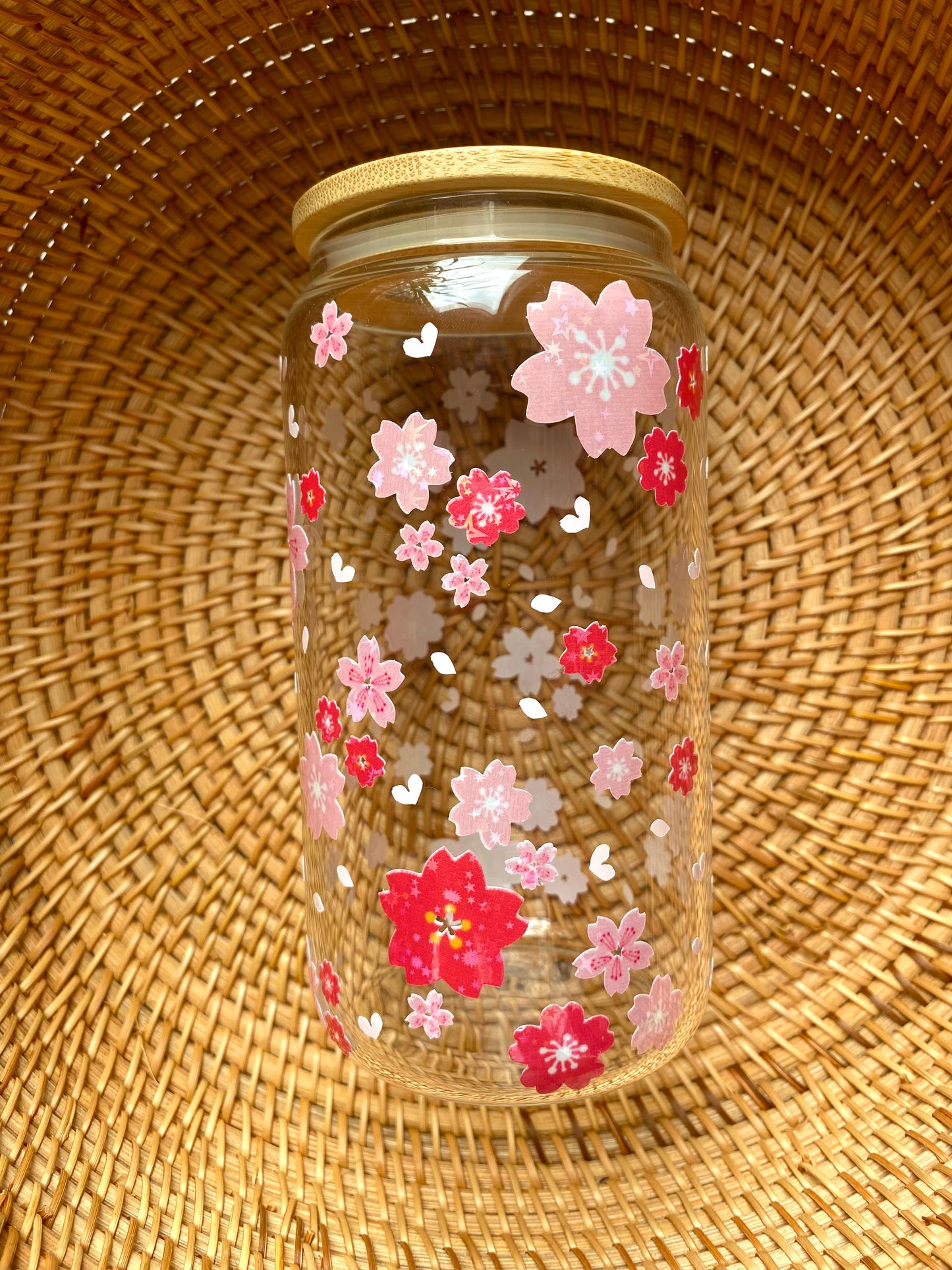 16oz cherry blossom glass cup, red, pink, white, petals