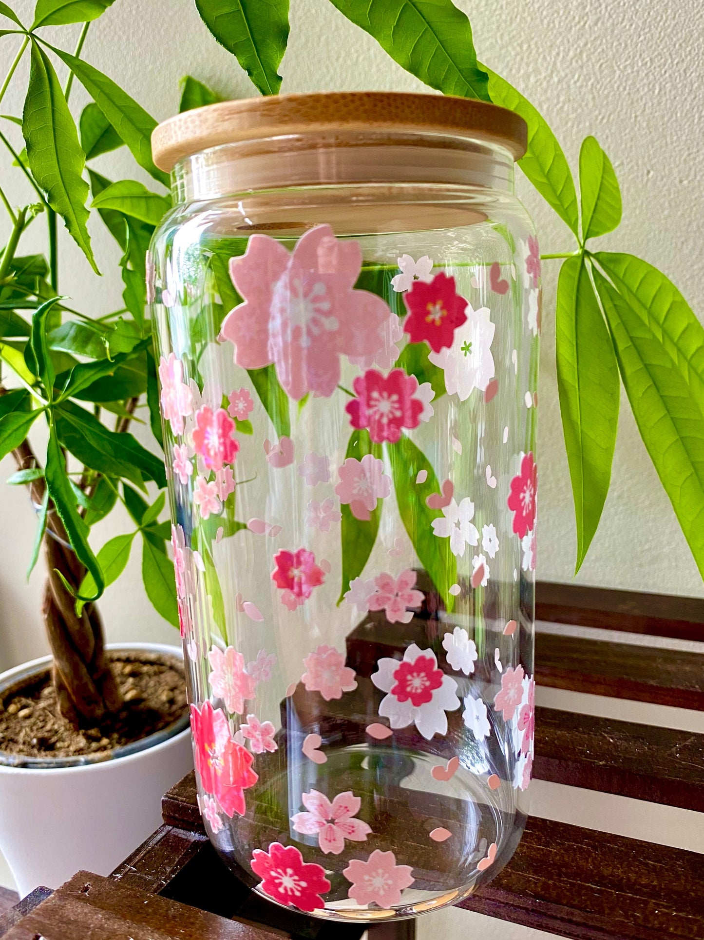 16oz cherry blossom glass cup, red, pink, white, petals